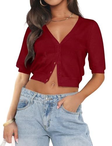Image of LEEDYA Summer Cardigans for Women Lightweight Short Sleeve Open Front Knit Cropped Sweaters V Neck Button Up Bolero Shrug Top