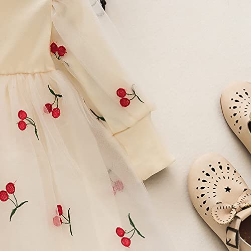 Vestido infantil para meninas outono inverno manga longa cereja malha patchwork malha tule vestido p