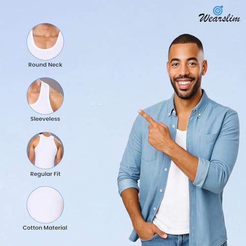 Image of Wearslim Premium Round Neck Super Combed Ultra Soft Cotton Vest for Man, Slim Fit Sleeveless Tank Tops Undershirts for Men with Extended Length for Easy Tuck