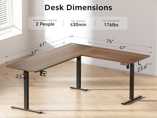Image of WALKINGDESK 75x61 Inches Reversible L Shaped Standing Desk Height Adjustable with Cup Holder, Electric Corner Computer Workstation for Home Office, Ergonomic Sit Stand up Gaming Desk, Black Walnut