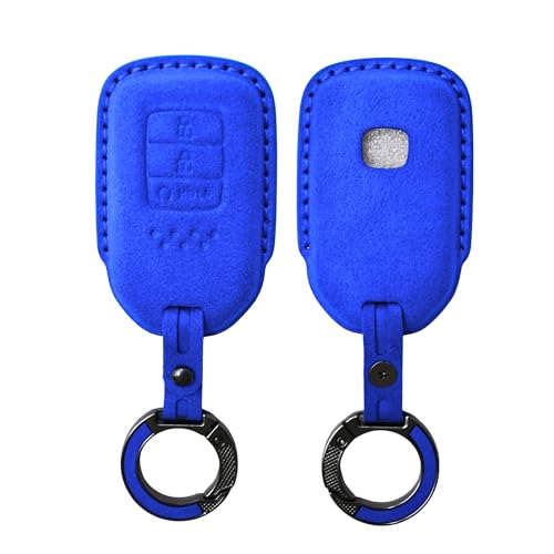 Image of KMH Alcantara Car Key Cover Compatible with Honda City, Civic, Jazz, Amaze, CR-V, WR-V, BR-V Models 3 Buttons Shell Case Holder Full Key Protector Smart Keycover with Keychain (D2) Blue - Pack of 1