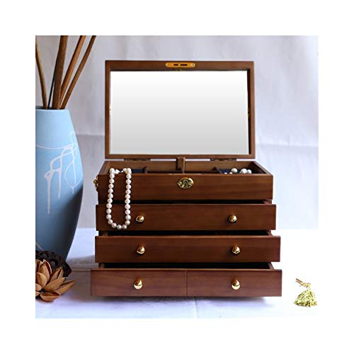 Hlake Jewelry Storage Box Solid Wood Jewelry Box with Lock Retro Flannel Antique Jewelry Wooden Storage Box Earrings Gift Box Earrings Box Brown, Beige (Color : Beige)