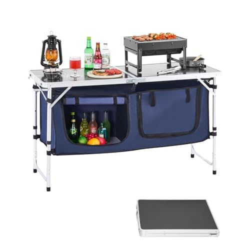 VEVOR Camping Kitchen Table, Folding Outdoor Cooking Table, 3 Adjustable Height, Aluminum Lightweight Portable Cook Station with Storage Organizer, Carry Handle, for BBQ Party Picnic RV Travel, Blue
