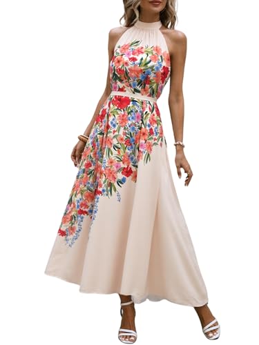 Women’s Floral Maxi Dress Casual A-Line Halter Neck Sleeveless Flowy Vacation Wedding Guest Long Dresses with Belt 2025