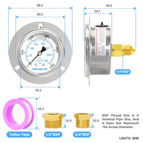 MEANLIN MEASURE 0~350BAR/0~5000PSI Flüssigkeitsmanometer, Frontflanschmontage, 1/4BSP 2.5FACE DIAL Edelstahlgehäuse mit Kreuzschlitzschraube und Mutter,+/-3-2-3%