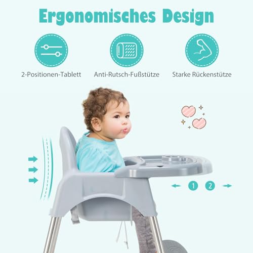 COSTWAY 4 in 1 Babyhochstuhl aus PP & Edelstahl, Hochstuhl umwandelbar mit abnehmbarem Doppeltablett, 3-Punkt-Sicherheitsgurt, Babystuhl Kombihochstuhl für 6-36 Monaten Baby (Grau)