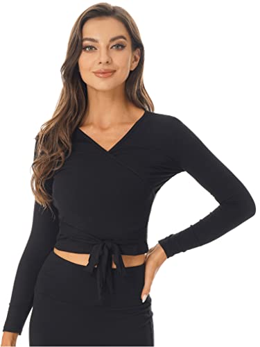 Kaerm Women's Long Sleeve Ballet Belly Dance Cardigan Wrap Top V Neck Tie Shrug Sweater Crop Top T-Shirt Tees Black X-Large #TOP9