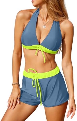 Tuopuda Badpak voor dames met hoge taille, tweedelig, push-up bikini-bovendeel met V-hals en slip voor buikcontrole, gekruiste rug, badmode, Wijn, L