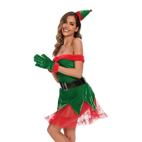 Ensemble rouge vert robe mère Noël sans manches à patch fourrure blanche