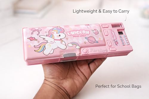 Image of KiddieWorld Pencil Box for Kids with Calculator & Sharpener | Multi-Compartment Plastic Pencil Case with Writing Pad | Cute Pink Pencil Box for Girls School Use