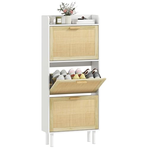 HOMCOM Meuble à Chaussures étagère à Chaussures Armoire 3 Portes abattants 18 Paires, Effet résine tressée Design bohème - dim. 65L x 24,5l x 153H cm Naturel