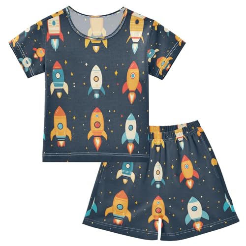 senya Short Sleeve Pajamas Sets Summer Cotton Sleepwear Orange Blue Rocket