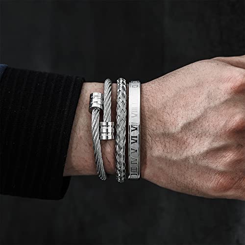 Funeia 3Pcs Stainless Steel Bracelet Set For Women Men Gold Black Silver Cuff Bracelet Mens Crown Twisted Cable Roman Numeral Bangle Bracelet Luxury Bracelets Jewelry Gifts #TOP4