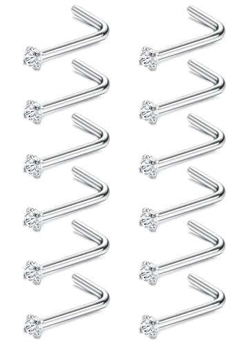 Sllaiss Pernos de nariz de acero inoxidable 20G 12 piezas de perno de nariz en forma de L para mujeres y hombres Piercing de nariz de circonita cúbica joyería Zirconia transparente