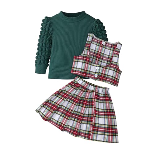 Image of Toddler Girls Christmas Outfits Girls Puff Sleeve Knit Ribbed Tops Button Down Vest Plaid Skirt Set Winter Clothes