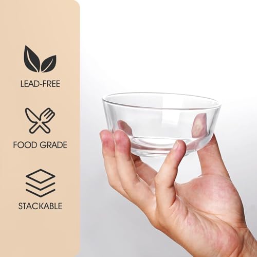 Image of WRINGO Glass Bowl for Kitchen Prep, Dessert, Dips, and Candy Dishes, Cake, Snack Bowl Set of 6 Or Nut Bowl, and Microwave Safe Clear Glass Bowls for Mixing, Storing Size 4.5 Inch
