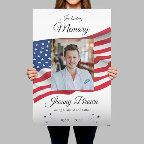 Image of Personalized in Loving Memory Funeral Sign with Photo - USA Patriotic Memorial Signs - Memory Sign for Funerals - Celebration of Life Decorations