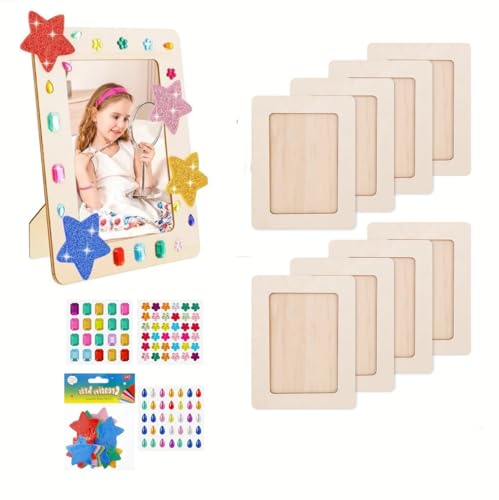 ELLECILA 8Pcs Craft Photo Frames to Decorate, Kids Photo Frame with Glitter Stickers and Glitter Stones, Kids Picture Frame Craft Set, Rectangular Craft Frame for DIY Paint Decorate