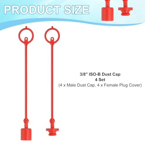 Image of PATIKIL 3 /8 inch ISO-B Hydraulic Coupler Male Dust Cap and Female Plug Cover, Set of 4 Rubber Quick Disconnects Port Plug Cover Fittings Red Cap with Retention Ring