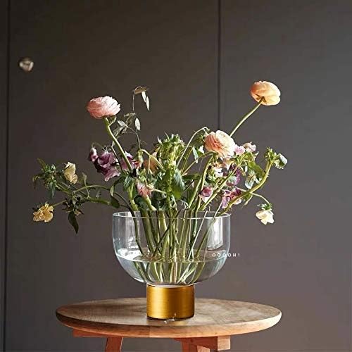 cyl home Vases Clear Glass Flower Arrangement Vase with Brass Stand Decor Bowl Hurricane Candleholder Table Centerpieces for Dining Living Room Wedding Gift, 4.7'' H x 2'' D