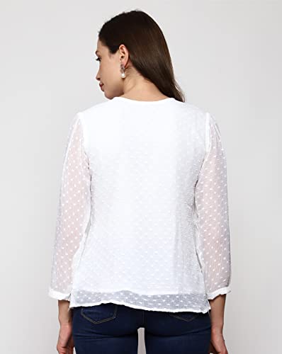 Image of PRETTIFY Women's Regular Fit Solid Embroidery Georgette Waist Length, 3 /4 Sheer Sleeve, Round Neck Casual Wear Western Shirt Top for College /Office Girls