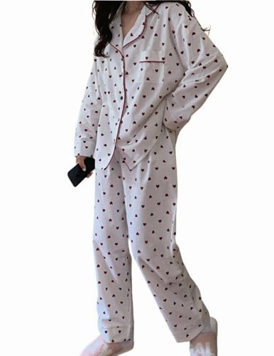 Womens Cotton Flannel Pajama Set Cute Heart Pjs Long Sleeve Button Down Shirt and Long Pants Warm Sleepwear