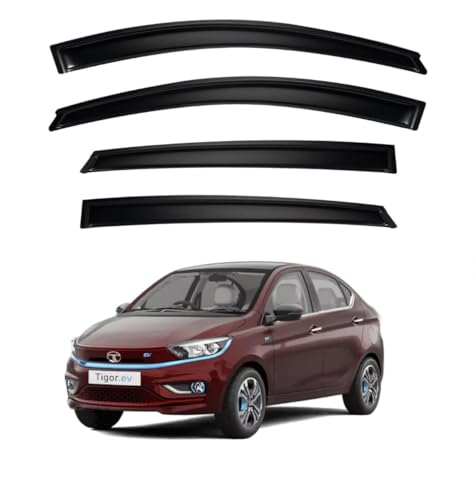 Image of Premium Smoke Car Door Visor Front+Rear Sun /Rain Guard Outside Mount Tape-On Window Visors Compatible with Tata Tigor EV (2025-2026)