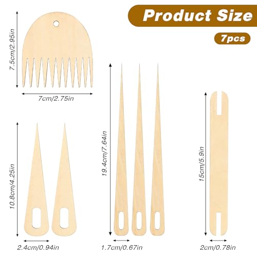 7Pack Wood Hand Loom Stick Set Include 5pcs Wood Weaving Crochet Needle,1pcs Wooden Shuttle,1pcs Wood Weaving Comb,Weaving Loom Tools & Accessories for Knitted Crafts DIY, Weaving Needles for Yarn