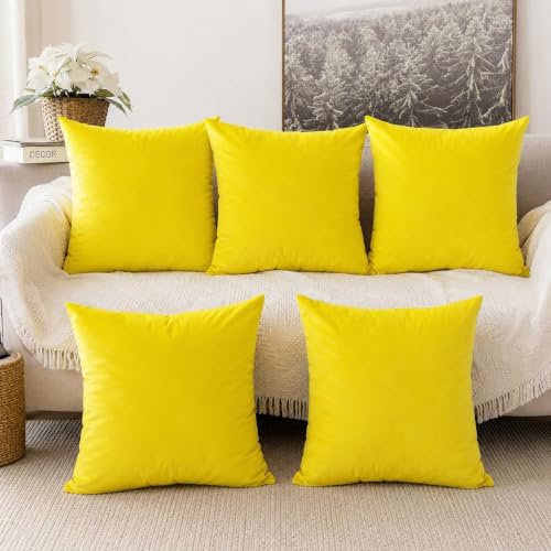Image of Khooti Velvet Cushion Cover, 14x14 | Lemon Yellow | Pack of 5 | Solid Plain Soft & Smooth, Decorative Cushion Covers for Living Room, Bedroom, Couches, Chairs, Sofas, Beds & Home Decor