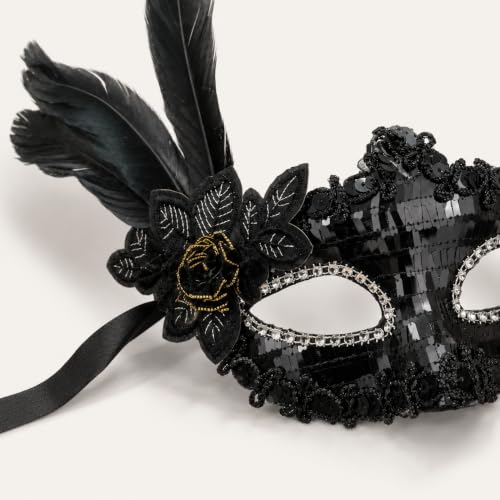 Image of Wanna Party Black Sequin Masquerade Mask for Women Men,Venetian Mask Shinny Eye Masks for New Year Halloween Costume Mardi Gras Party Ball- Black