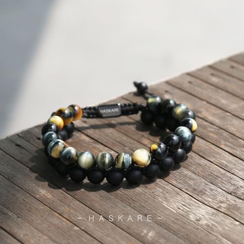 Premium Tiger Eye Bracelet Gifts for Men, HASKARE Energy Protection Crystals Blue Tiger Eye Black Onyx Double Handcrafted Mens Bead Bracelet, Drawstring Beaded Bracelet Natural Stone Bracelets for Man3