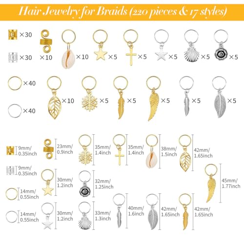 Image of PALAY 220 Pcs Alloy Hair Charms Rings Beads for Braids Jewellery