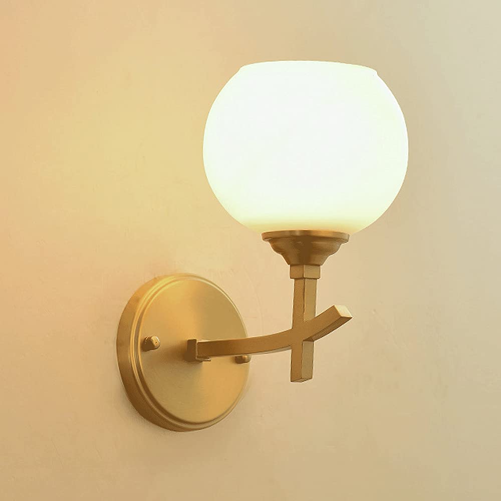 HPTHLY Bedroom Glass Ball Wall Light Retro Brass Wall Sconces With White Globe Shade Wall Lamps, E27 Candle Holder Decorative Lighting Fixture, V-Intage Farm