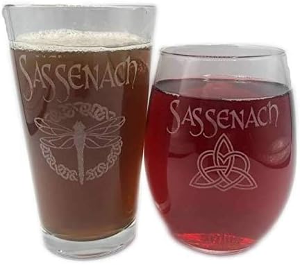 SASSENACH Scottish Gaelic Saxon Celtic DRAGONFLY or HEART Outlander Stemless Wine Glass OR Beer Glass Engraved