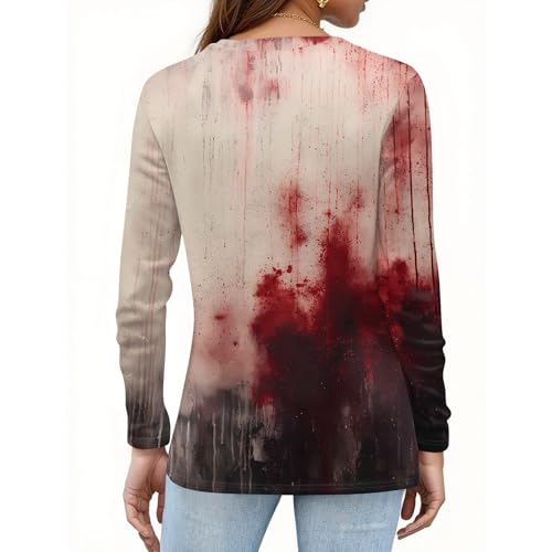Halloween Tshirts Adults Long Sleeve Bloody Graphic V Neck Tunic Tops 2025 Fall Funny Witch Printing Button Blouse3