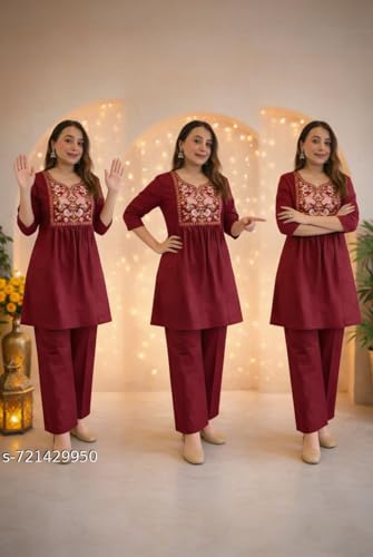 Image of Women's Rayon Embroidered Kurti with Pant Set | Floral Yoke Design | 3 /4 Sleeve Ethnic Co-Ord Set | Regular Fit Traditional Outfit