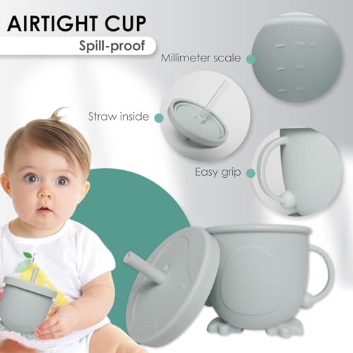 Image of Silicone Baby Feeding Set 6 Pieces with Suction Plate, Bowl, Adjustable Bib, Straw Cup, Spoon & Fork, BPA Free Baby Led Weaning Essentials - Grey