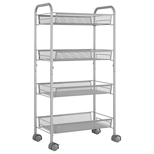 Homfa 4-Tier Mesh Wire Rolling Cart Multifunction Utility Cart Kitchen Storage Cart on Wheels, Steel Wire Basket Shelving Trolley,Easy Moving,Silver