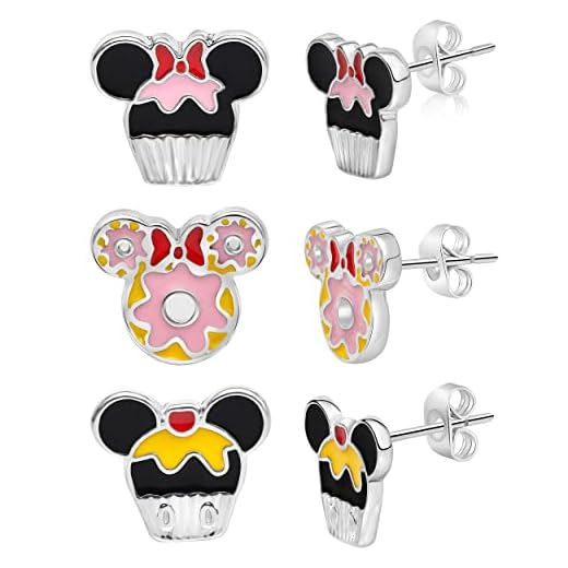 Disney Mickey and Minnie Mouse Fashion Stud Earring - Cupcakes and Donut Silver/Pink - Set of 3 pairs