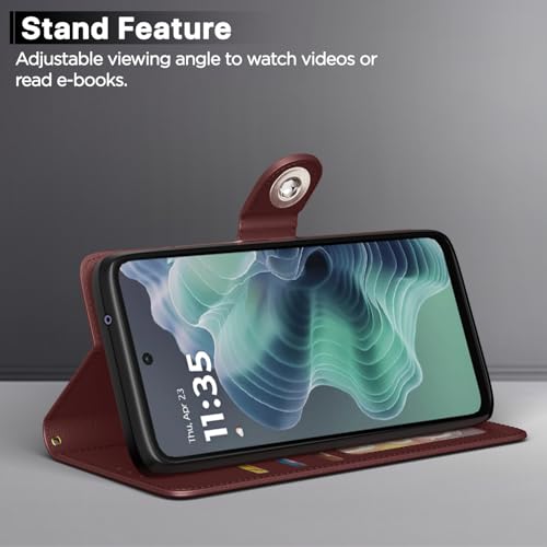 Image of Pikkme Flip Cover Leather Finish | Inside TPU with Card Pockets | Wallet Stand and Shock Proof | Complete Protection Button Flip Case for Moto G35 5G(Brown)