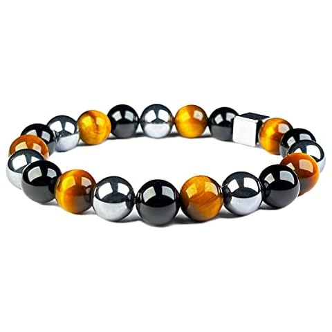 JYUCING Crystal Bracelet Natural Black Onyx Hematite Tiger Eye Healing Stone 10mm Round Beads Stretch Bracelet 7.1" Unisex Cover
