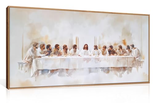 Image of KAIRNE Jesus Last Supper Framed Canvas Wall Art Set, Christian Twelve Apostle Wall Decor, Bible Renaissance wall Painting, Religious Picture Art Print for Living Room, Bedroom, Church-40 x20 x1