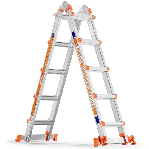 LEVELEVE A Frame 5 Step Ladder, 17FT Extension Ladder with Stabilizer Bar & Wheels,330 lbs Security Load Multi Position Ladder for Stairs Home Indoor Outdoor Roof