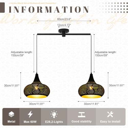 Image of Moroccan Pendant Light Fixture 2-Light Design Black Hanging Lamp
