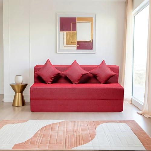 Image of Amazon Brand - Solimo 3 Seater 5 * 6 Jute Fabric Washable Cover Sofa Cum Bed with 3 Cushions 3 Seater Double Foam Fold Out Sofa Cum Bed (Finish Color - Maroon Delivery Condition - Pre-Assembled)