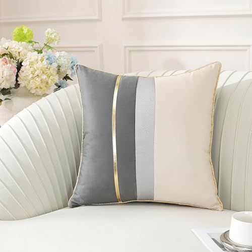 TAOSON Pack of 2, Gray Beige Patchwork Velvet Throw Pillow Cover with Gold Striped Leather Cushion Case Modern Luxury Square Pillowcase for Sofa Couch Bedroom Living Room Home,18x18 inch
