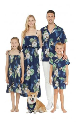 Image of Matchable Family Hawaiian Luau Men Women Girl Boy Clothes in Pineapple Garden Navy