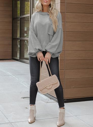 Image of Dokotoo Women's Sweater Tops 2026 Ribbed Knitwear Lantern Pullover Sweater | Fall Winter Outfits,Bell Sleeve,Crewneck,Lightweight Knit Pullover,Soft Comfy Tops,Teacher Vacation