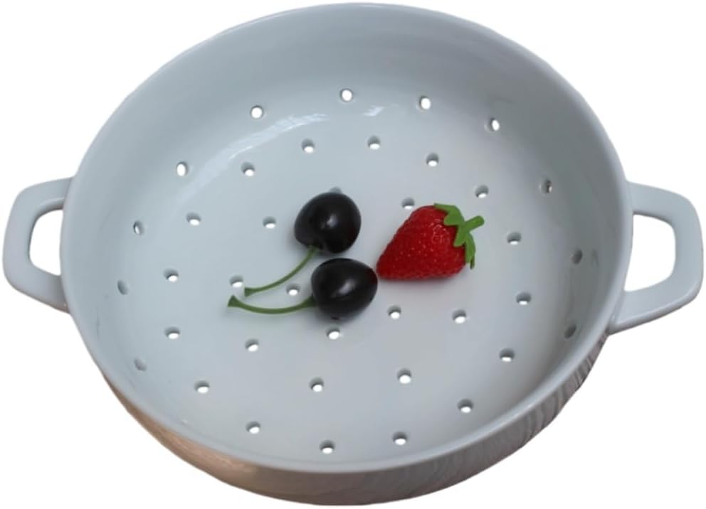 Ceramic Porcelain Colander Kitchen Strainer Bowl for Vegetable Fruit Kitchen Tool,White,With handle,8×2.6 Inch,Pack of 1