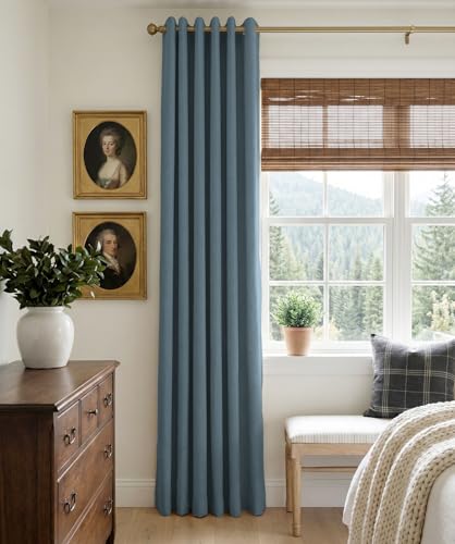 Image of 100% Blackout Shield Linen Textured Total Blackout Curtains for Bedroom 90 Inches Long, Stone Blue Grommet Curtains for Living Room, Thermal Insulated Room Darkening Drapes, 50 inch W x 90 inch L, 2 Panels